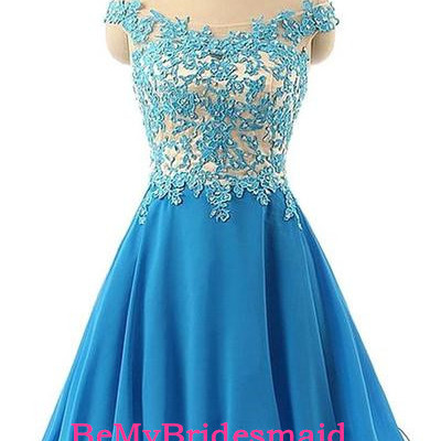 Cute blue short lace applique prom dresses 2017, homecoming dresses
