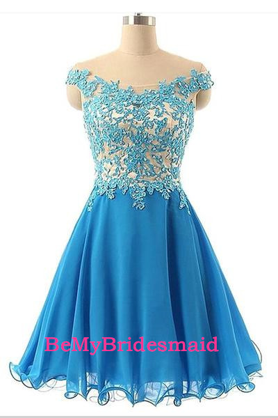 Cute Blue Short Lace Applique Prom Dresses 2017, Homecoming Dresses
