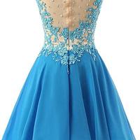 Cute Blue Short Lace Applique Prom Dresses 2017, Homecoming Dresses - Thumbnail 1