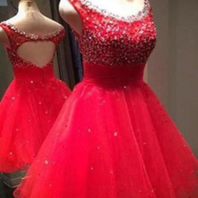 Cute red tulle round neckline sparkle homecoming dresses, red short prom dresses