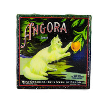 Handmade Coaster - Angora - Vintage Citrus Crate label - Handmade Recycled Tile Coaster