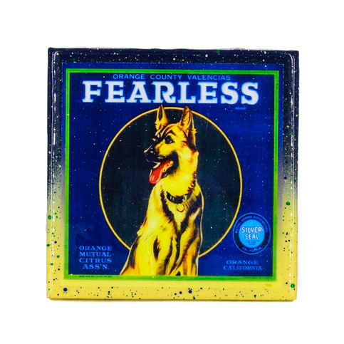 Handmade Coaster - Fearless Vintage Citrus Crate Label - Handmade Recycled Tile Coaster