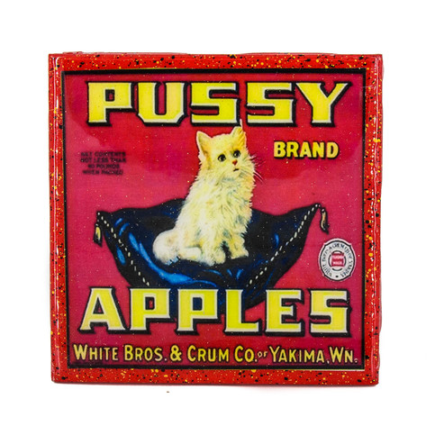 Handmade Coaster - Pussy Cat Apples Vintage Citrus Crate Label - Handmade Recycled Tile Coaster