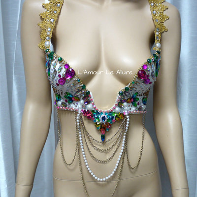 Rainbow rhinestone plunge cosplay dance costume rave bra halloween burlesque show girl