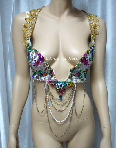 Rainbow Rhinestone Plunge Cosplay Dance Costume Rave Bra Halloween Burlesque Show Girl