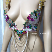 Rainbow Rhinestone Plunge Cosplay Dance Costume Rave Bra Halloween Burlesque Show Girl - Thumbnail 1