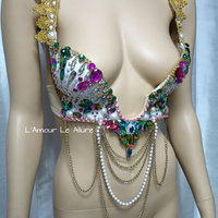 Rainbow Rhinestone Plunge Cosplay Dance Costume Rave Bra Halloween Burlesque Show Girl - Thumbnail 2