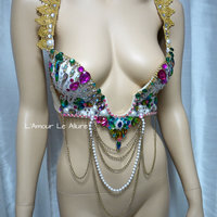 Rainbow Rhinestone Plunge Cosplay Dance Costume Rave Bra Halloween Burlesque Show Girl - Thumbnail 3