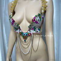 Rainbow Rhinestone Plunge Cosplay Dance Costume Rave Bra Halloween Burlesque Show Girl - Thumbnail 4
