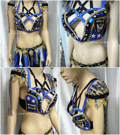 Premade Sexy Police Officer Cop Cosplay Dance Costume Rave Bra Rave Wear Halloween Burlesque Show Girl