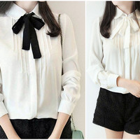 Sweet chiffon lace bowknot long sleeve shirts - Thumbnail 2