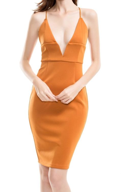 Orange V-Neck Bodycon X Back Dress