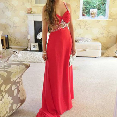 Gorgeous prom dresses,red a-line straps sweep brush train chiffon evening dress prom dresses sp8441