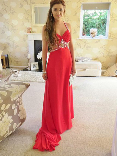 gorgeous prom dresses,Red A-line Straps Sweep Brush Train Chiffon Evening Dress Prom Dresses SP8441