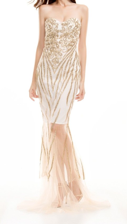 Strapless White Gold Sequin Maxi Mermaid Dress