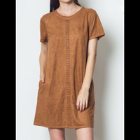 Camel Suede Shift Dress w/Pockets - Thumbnail 2