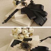 Vintage Style Black Ribbon Wedding Men Pre Tied Lace Bow Tie Brooch Pin Clip - Thumbnail 3