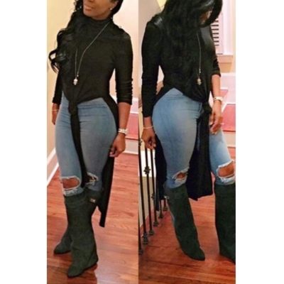 Casual turtleneck long sleeves side split black knee length dress    