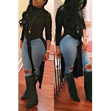 Casual Turtleneck Long Sleeves Side Split Black Knee Length Dress    