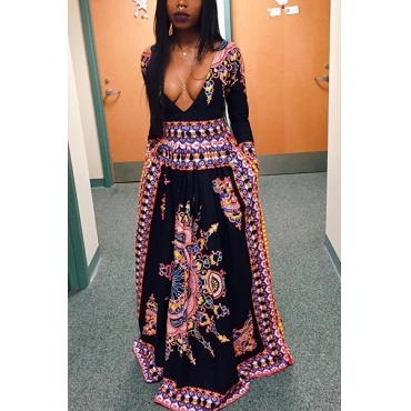     Sexy V Neck Long Sleeves Print Qmilch A Line Floor Length Dress 