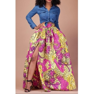  charismatic high waist printed side split pink polyester ankle length skirts 