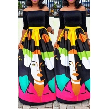 Fashion Bateau Neck Off The Shoulder Half Sleeves Print Cotton Blend Ankle Length Dress   