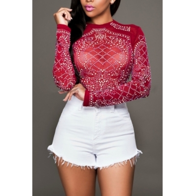  sexy o neck long sleeves rhinestone embellished blue gauze shirt 