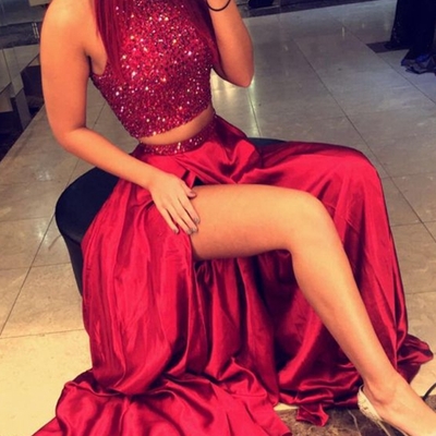 Handmade red 2 pieces long prom dress,a-line satin beading evening dresses - Thumbnail 5