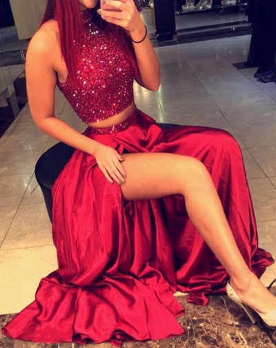 Handmade red 2 pieces long prom dress,A-line satin beading evening dresses