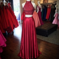 Handmade red 2 pieces long prom dress,A-line satin beading evening dresses - Thumbnail 1