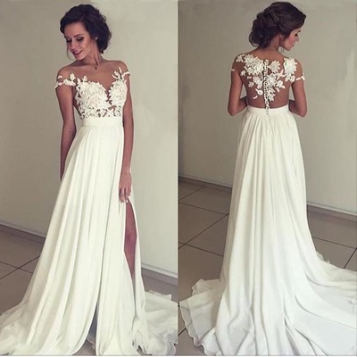 Popular white a-line chiffon lace long prom dress,wedding dress - Thumbnail 5