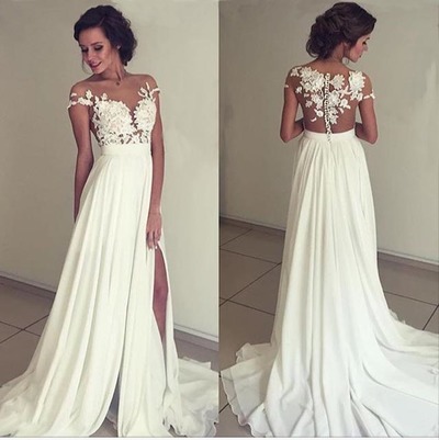 Popular white A-line chiffon lace long prom dress,wedding dress