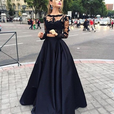 Black 2pieces lace long sleeve prom dress,formal dresses - Thumbnail 4