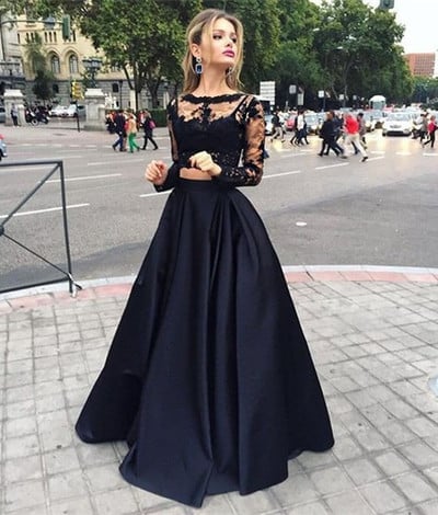 Black 2pieces lace long sleeve prom dress,formal dresses