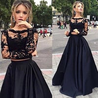 Black 2pieces lace long sleeve prom dress,formal dresses - Thumbnail 1