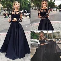 Black 2pieces lace long sleeve prom dress,formal dresses - Thumbnail 2
