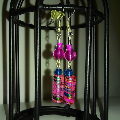 Hot pink and blue cotton candy glass beaded themed dangle earrings