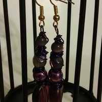 Quad Beaded Purple Glass Splatterpainted Twisted Metal Wire Art Earrings with Gold Hooks - Thumbnail 2