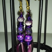 Quad Beaded Purple Glass Splatterpainted Twisted Metal Wire Art Earrings with Gold Hooks - Thumbnail 1