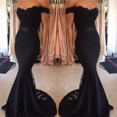 Mermaid off shoulder long prom dress,black lace evening dresses