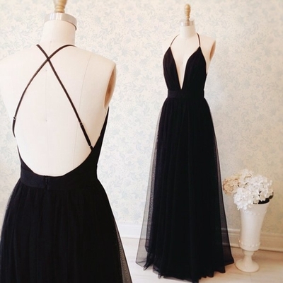 Simple prom dresses ,black v-neck tulle evening dress