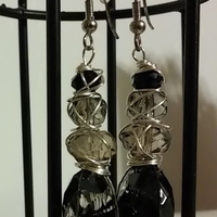 Black Faux Stone Goth-y Punk Silver Wire Wrapped Dangle Earrings - Thumbnail 2