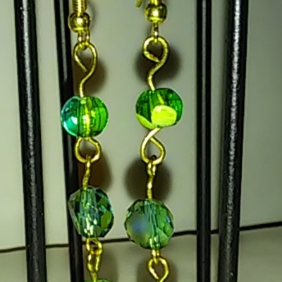 Long multi-faceted green glass bead gold findings earrings