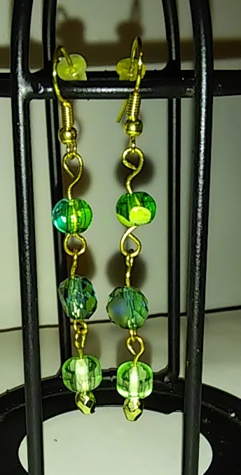 Long Multi-Faceted Green Glass Bead Gold Findings Earrings
