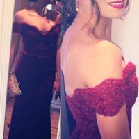 Burgunday Off Shoulder Lace and Tulle Mermaid Celebrity Prom Dresses pst0210 - Thumbnail 1