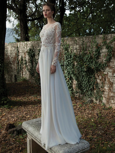 Long prom dress,Ivory A-line Chiffon Floor-length Evening Dress Prom Dresses With Lace SP7212