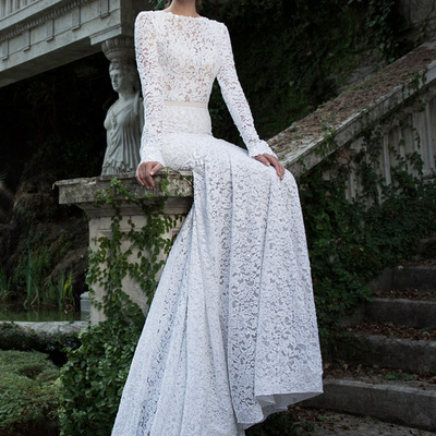 White prom dress,trumpet mermaid long sleeve bateau sweep brush train prom dress evening dress with lace sp7241
