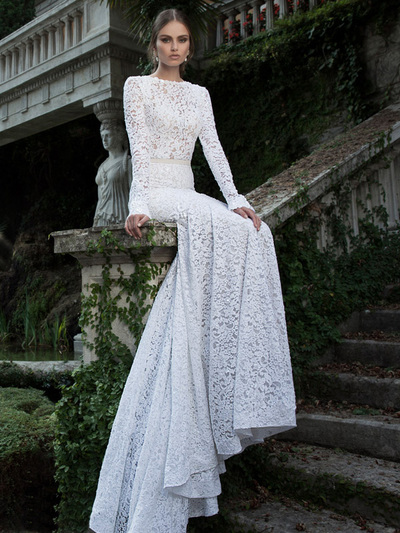 White prom dress,Trumpet Mermaid long sleeve Bateau Sweep Brush Train prom dress evening dress with lace SP7241