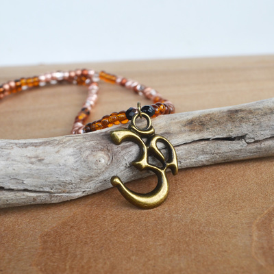 Om necklace, yoga om necklace, yoga jewelry, beaded necklace, copper and amber mix bead necklace - Thumbnail 2