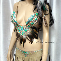 Pocahontas Native Fringe Feather Bra Costume Cosplay Dance Costume Rave Wear Halloween Burlesque Show Girl - Thumbnail 1